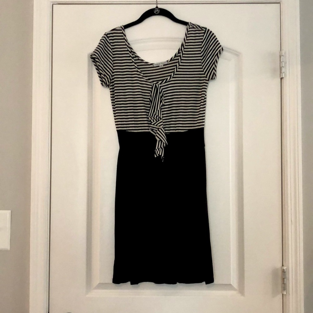Velvet Torch Striped White & Black Cap Sleeve Mini Dress